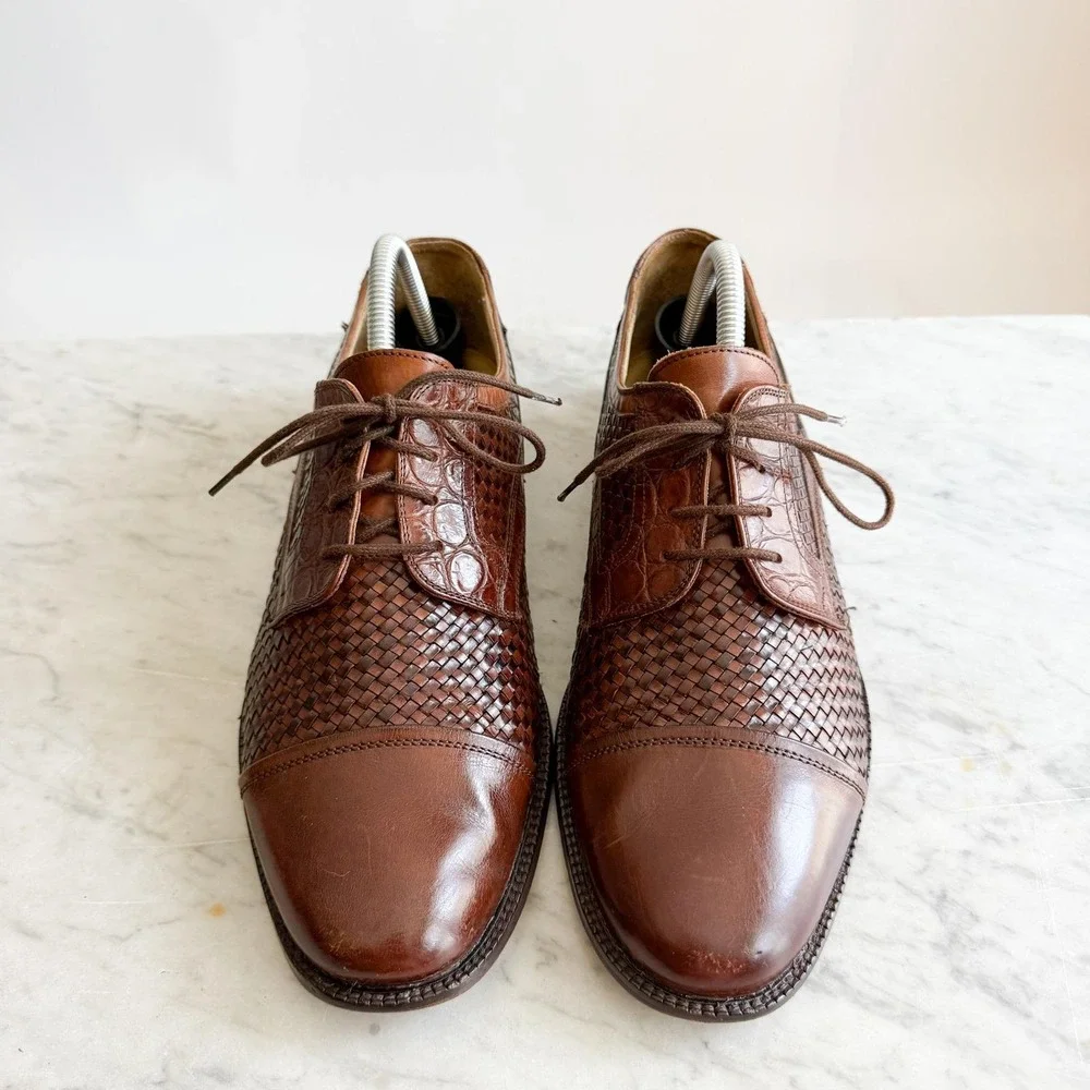 Johnston & Murphy vtg Brown‎ Woven Leather Oxford Shoes, Mens US 9.5M